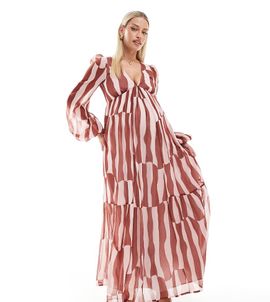 ASOS Maternity ASOS DESIGN Maternity long sleeve V neck tiered maxi dress in rust abstract print-Multi