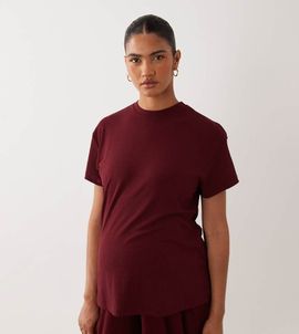 ASOS Maternity ASOS DESIGN Maternity mix & match lounge ribbed oversized pyjama tee with side split in burgundy-PURPLE