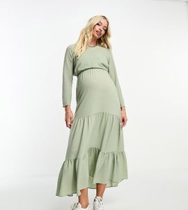 ASOS Maternity ASOS DESIGN Maternity nursing drawstring waist tiered midi dress in sage-Green