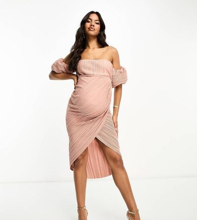 ASOS Maternity ASOS DESIGN Maternity off shoulder wrap plisse midi dress in soft pink