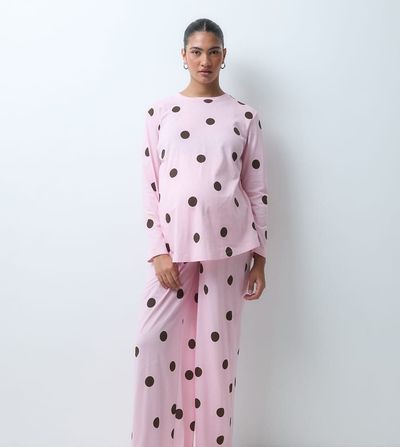 ASOS Maternity ASOS DESIGN Maternity oversized tee and wide leg trouser pyjama set in pink spot print