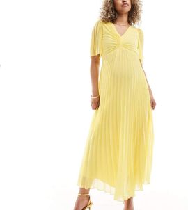ASOS Maternity ASOS DESIGN Maternity pleated bodice flutter sleeve pleated midi dress in yellow