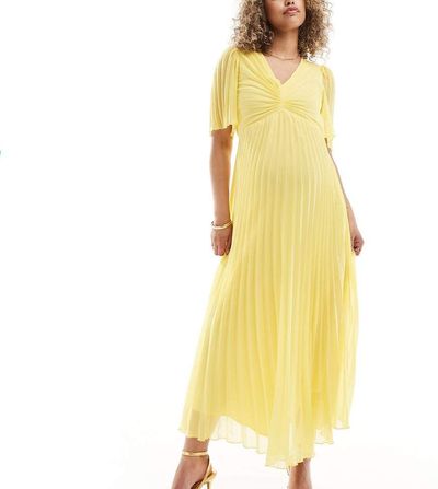 ASOS Maternity ASOS DESIGN Maternity pleated bodice flutter sleeve pleated midi dress in yellow