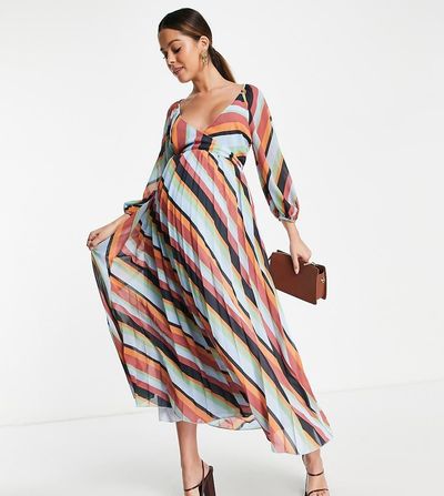 ASOS Maternity ASOS DESIGN Maternity pleated wrap midi dress in multi stripe