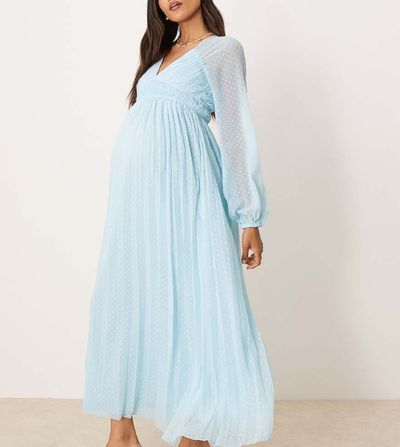 ASOS Maternity ASOS DESIGN Maternity plunge long sleeve pleated midaxi dress in pastel blue-Multi