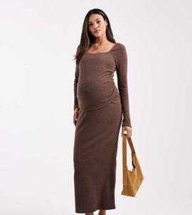ASOS Maternity ASOS DESIGN Maternity ribbed maxi skirt in chocolate - part of a set-Brown