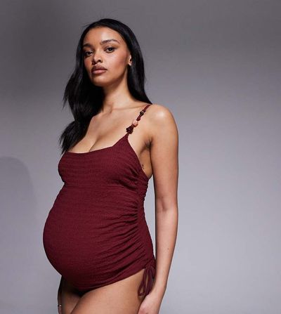 ASOS Maternity ASOS DESIGN Maternity Ruth resin square neck ruched tie side swimsuit in burgundy-Red
