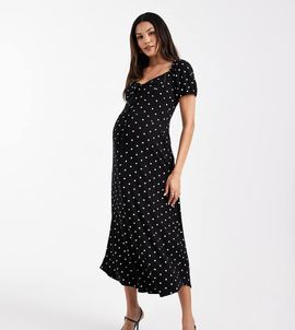 ASOS Maternity ASOS DESIGN Maternity scalloped collar puff sleeve seam detailing midi day dress in black and white polka dots