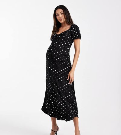 ASOS Maternity ASOS DESIGN Maternity scalloped collar puff sleeve seam detailing midi day dress in black and white polka dots