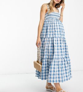 ASOS Maternity ASOS DESIGN Maternity scoop neck shirred maxi sundress in blue gingham