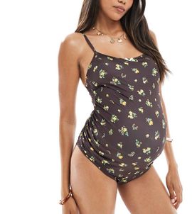 ASOS Maternity ASOS DESIGN Maternity Shannon picot trim scoop swimsuit in brown-Multi