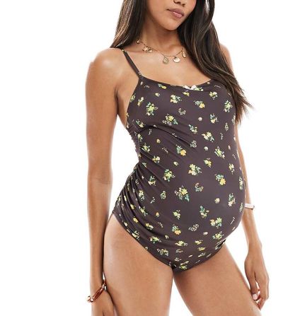 ASOS Maternity ASOS DESIGN Maternity Shannon picot trim scoop swimsuit in brown-Multi
