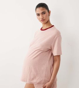 ASOS Maternity ASOS DESIGN Maternity slubby cotton oversized tee and shorts set with contrast neck binding in washed red