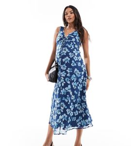 ASOS Maternity ASOS DESIGN Maternity V neck midi dress with ruched bust detail in blue floral-Multi
