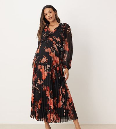 ASOS Maternity ASOS DESIGN Maternity wrap pleated midi dress in black floral print-Multi