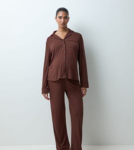 ASOS Maternity ASOS DESIGN Viscose Maternity super soft long sleeve shirt & trouser pyjama set in chocolate-Brown