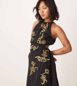 ASOS Petite ASOS DESIGN all-over floral embroidered halter midi dress with open back in black-Multi