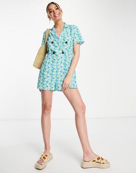 ASOS Petite ASOS DESIGN crepe double breasted smock romper in blue daisy-Multi