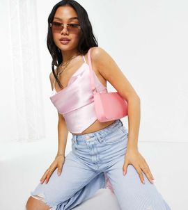 ASOS Petite ASOS DESIGN Petite 90s satin scarf double tie halter in light pink