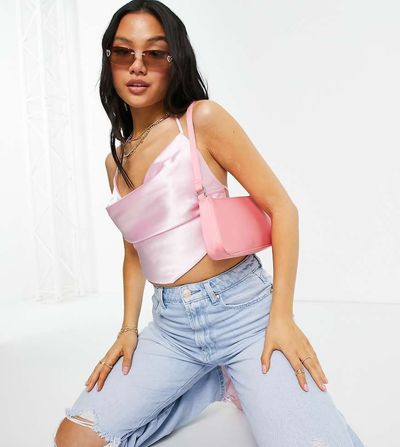 ASOS Petite ASOS DESIGN Petite 90s satin scarf double tie halter in light pink