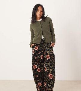 ASOS Petite ASOS DESIGN Petite barrel leg corduroy pants in floral print-Multi