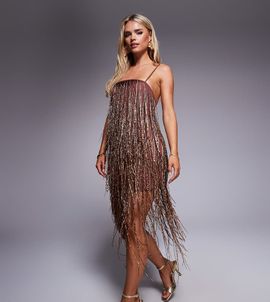 ASOS Petite ASOS DESIGN Petite beaded fringe mini cami dress in chocolate-Brown