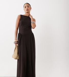 ASOS Petite ASOS DESIGN Petite boat neck waist detail midi dress in chocolate-Brown