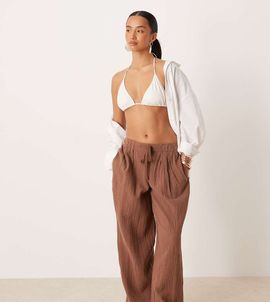 ASOS Petite ASOS DESIGN Petite Callie cheesecloth beach balloon pants in mocha-Brown