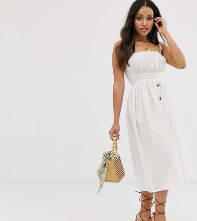 ASOS Petite ASOS DESIGN Petite cami button through midi linen sundress-White