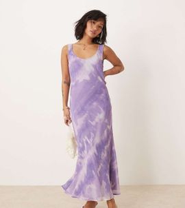 ASOS Petite ASOS DESIGN Petite chiffon scoop neck midi slip dress in purple tie dye print-Multi