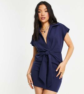 ASOS Petite ASOS DESIGN Petite collared wrap front mini dress with knot in navy