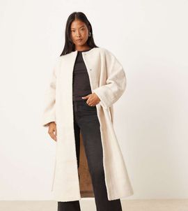 ASOS Petite ASOS DESIGN Petite collarless boucle longline formal coat in oatmeal-Neutral