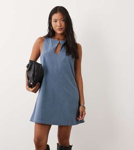 ASOS Petite ASOS DESIGN Petite cord slash neck keyhole mini dress in sea blue