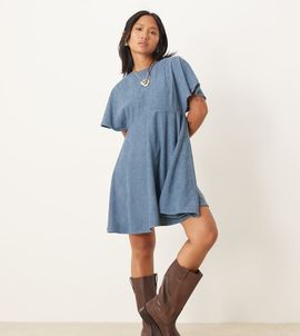 ASOS Petite ASOS DESIGN Petite cord T-shirt mini dress with stitching detail in slate blue