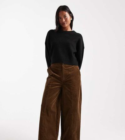ASOS Petite ASOS DESIGN Petite corduroy wide leg ankle grazer pants in biscuit-Neutral