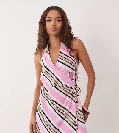 ASOS Petite ASOS DESIGN Petite cotton halter neck mini wrap dress in pink stripes-Multi