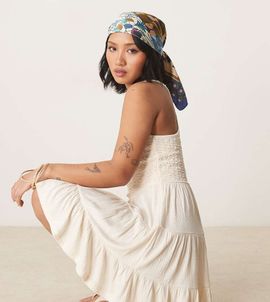 ASOS Petite ASOS DESIGN Petite crinkle scoop tiered mini dress in cream-White