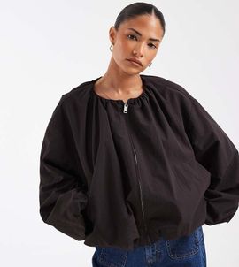 ASOS Petite ASOS DESIGN Petite cropped bubble hem nylon bomber jacket in chocolate-Navy