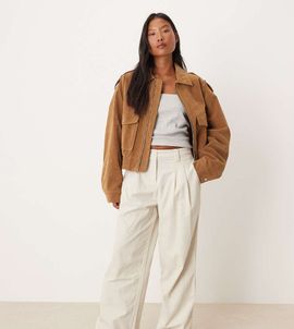 ASOS Petite ASOS DESIGN Petite cuffed hem wide leg corduroy pants in cream-White