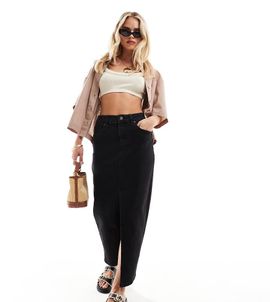 ASOS Petite ASOS DESIGN Petite denim maxi skirt with split hem in washed black