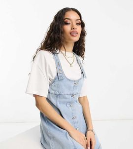 ASOS Petite ASOS DESIGN Petite denim pinny dress with button through in lightwash blue
