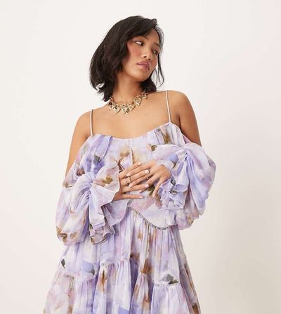ASOS Petite ASOS DESIGN Petite draped off the shoulder tiered mini dress with lace inserts in blurred abstract-Multi