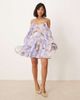 ASOS Petite ASOS DESIGN Petite draped off the shoulder tiered mini dress with lace inserts in blurred abstract-Multi - 2