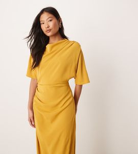 ASOS Petite ASOS DESIGN Petite dropped shoulders draped slinky midi dress in gold
