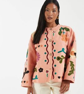 ASOS Petite ASOS DESIGN Petite embroidered collarless jacket in peach-pink
