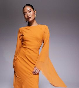 ASOS Petite ASOS DESIGN Petite extreme ruffle sleeves maxi dress with godet inserts skirt in burnt peach-Orange