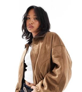 ASOS Petite ASOS DESIGN Petite faux suede bomber jacket in mocha-Brown