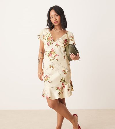 ASOS Petite ASOS DESIGN Petite flutter sleeve mini dress in floral print-Multi