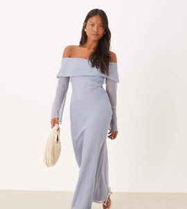 ASOS Petite ASOS DESIGN Petite fold over bardot midi dress in dusky blue-Multi