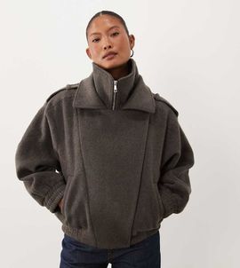 ASOS Petite ASOS DESIGN Petite formal oversized moto jacket with wool in charcoal-Gray